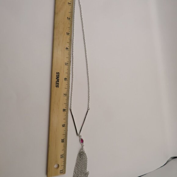 Sarah Coventry Vintage Silver Tone with Pink Rhinestone Tassel Necklace - Picture 7 of 8